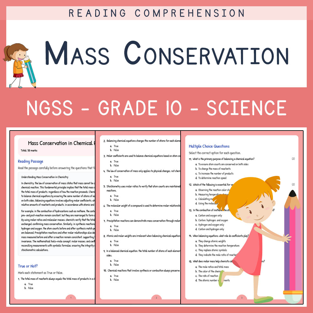 Grade 10 Science worksheet worksheet — Grade 10 Science | Mass Conservation in Chemical Reactions Worksheet — page 1