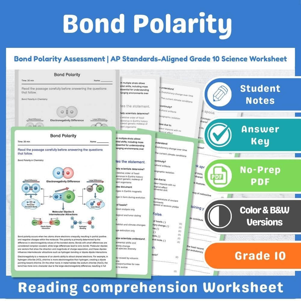Grade 10 Science assessment worksheet — Bond Polarity Assessment | AP Standards-Aligned Grade 10 Science Worksheet — page 1