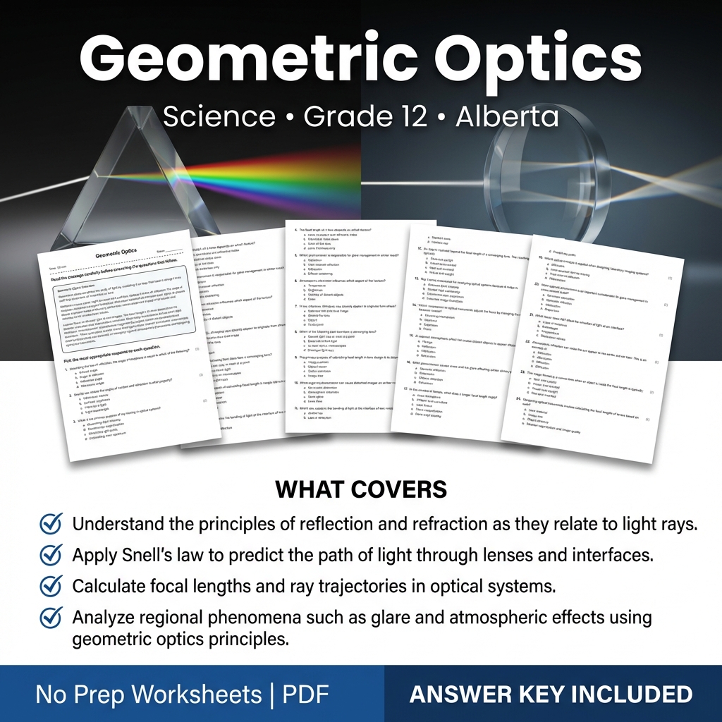 Geometric Optics Worksheet | Science Assessment for Grade 12 Alberta