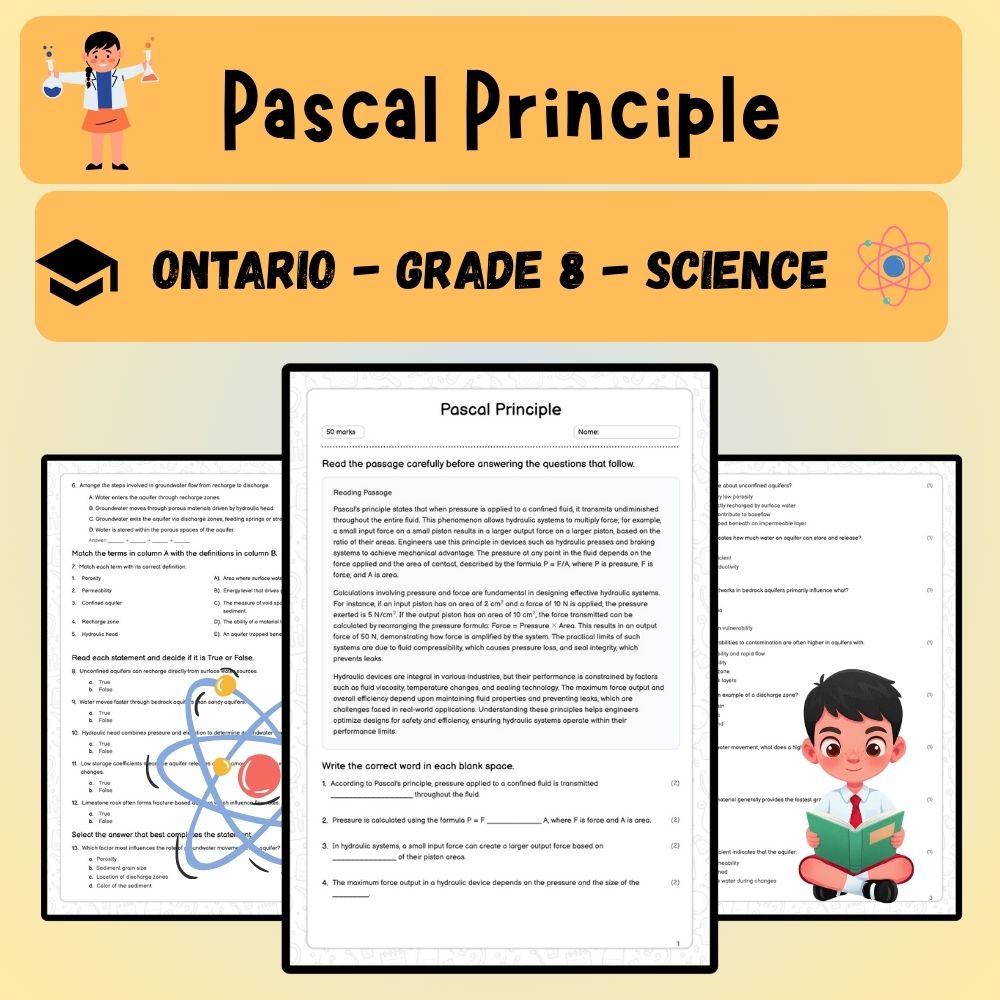 Grade 8 Science worksheet worksheet — Grade 8 Science | Pascal's Principle Worksheet (PDF ) — page 1