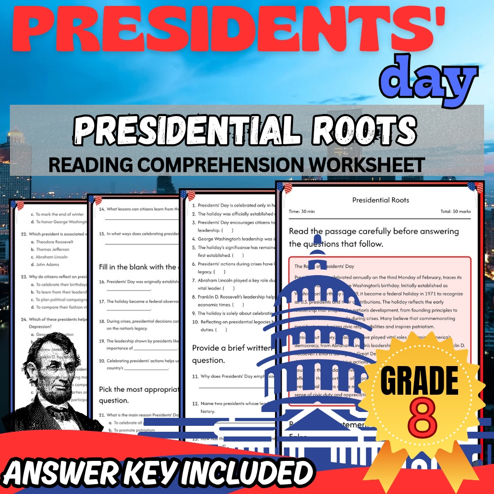 Grade 8 Presidents' Day Bundle|Leadership & Legacy Worksheets (PDF + Answer Key) — included worksheet 3