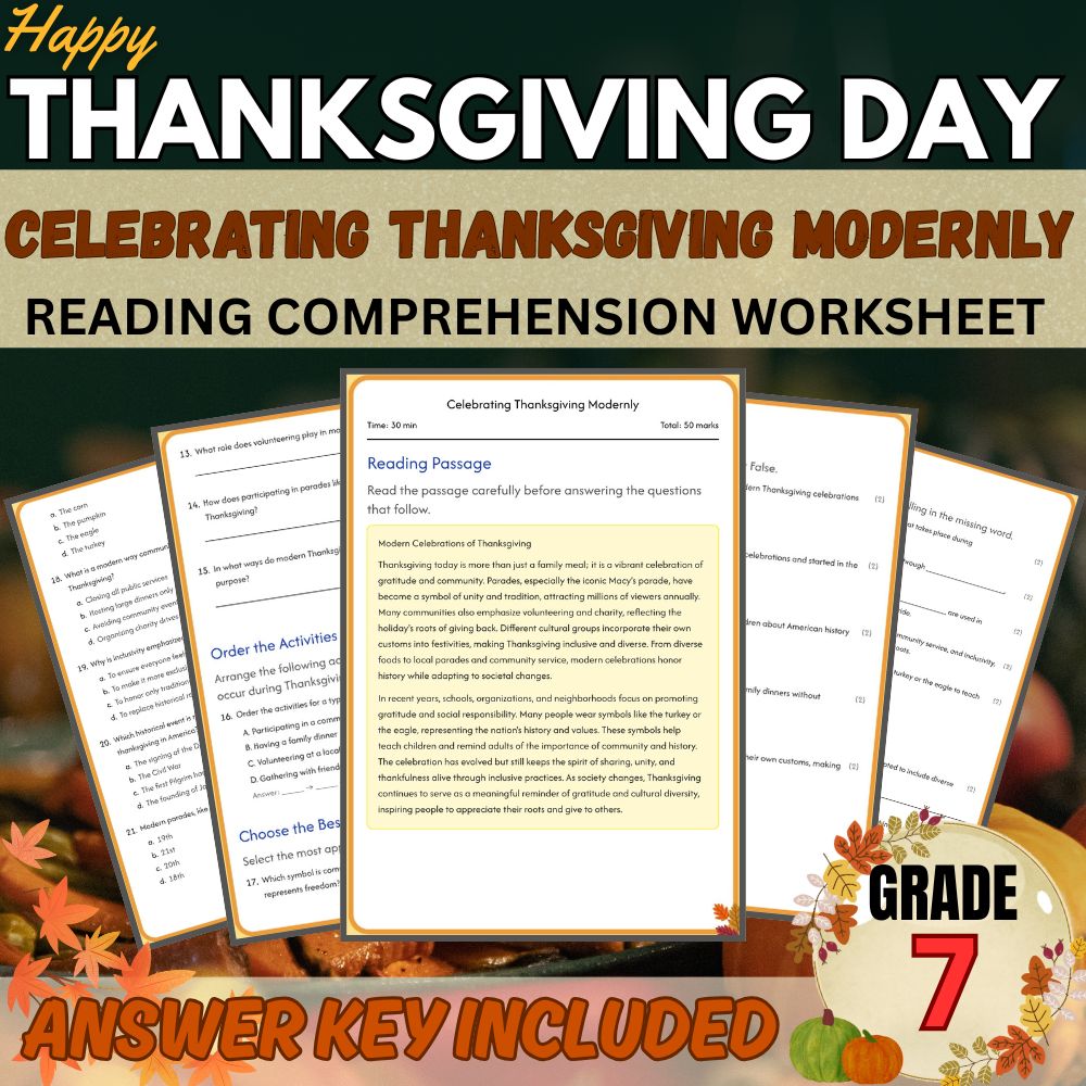 Grade 7 | Happy Thanksgiving Worksheet for Modern Celebrations| PDF + Answer Key