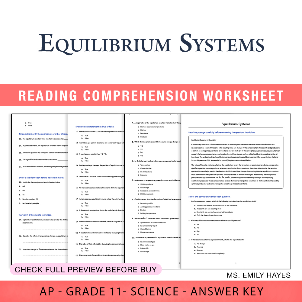 Grade 11 Science worksheet worksheet — 11th Grade Science | Equilibrium Systems Worksheet (PDF+ Answer Key) — page 1