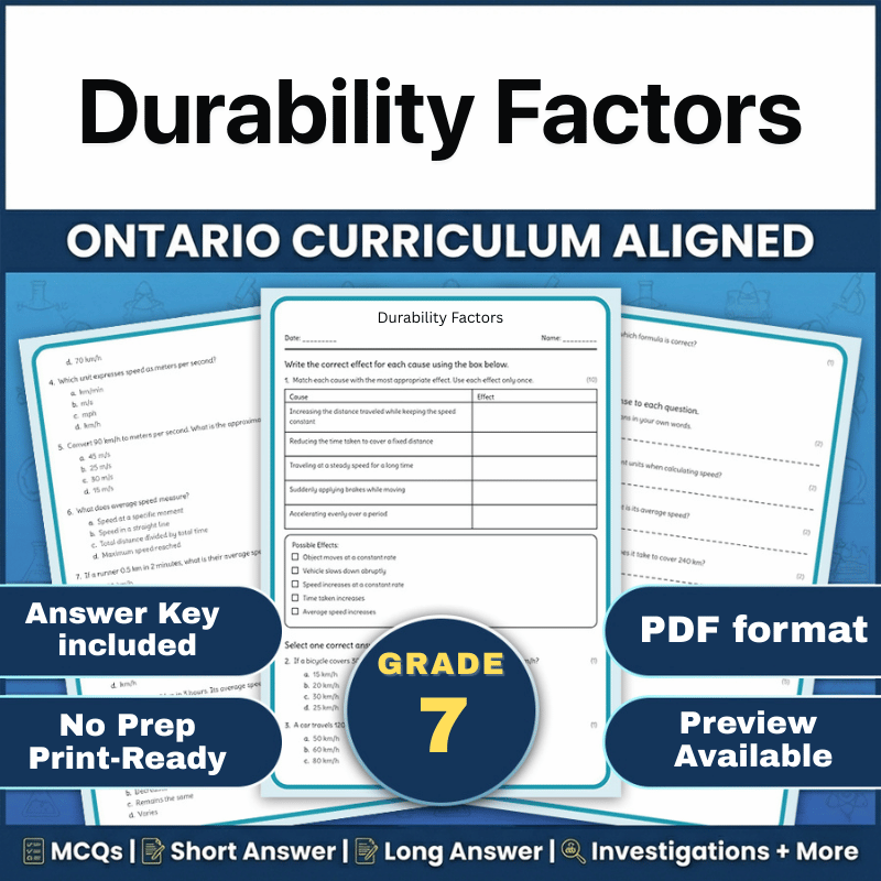 Grade 7 Science – Durability Factors Worksheet (Ontario, PDF)