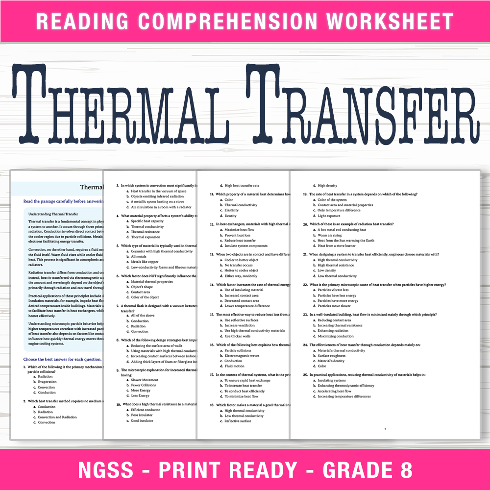 Grade 8 Science worksheet — Grade 8 Science – Thermal Transfer Worksheet (PDF + Answer Key) — page 1