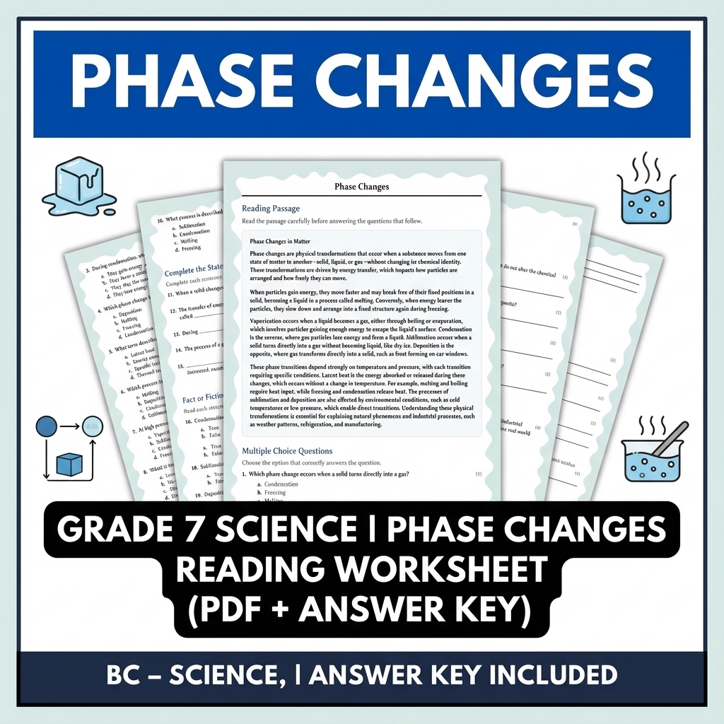 Grade 7 Science | Phase Changes Reading Worksheet PDF & Answer Key