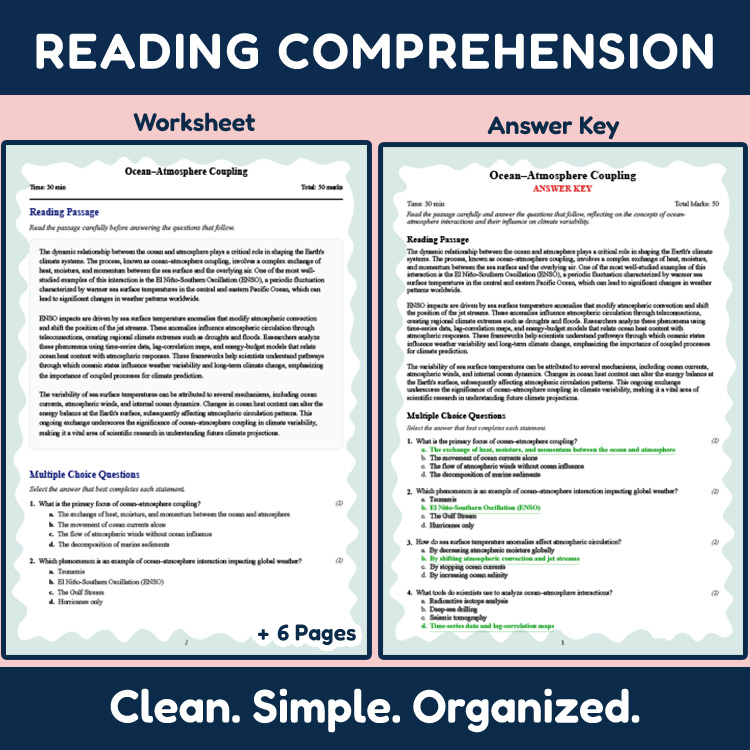 Grade 9 Science reading worksheets worksheet — Grade 9 Science | Ocean–Atmosphere Coupling Reading Worksheet (PDF + Answer…