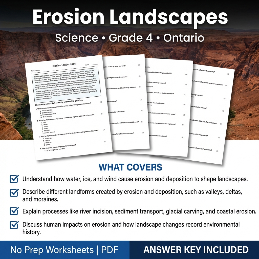 Erosion Landscapes Grade 4 Science Worksheet | Ontario Standards Practice
