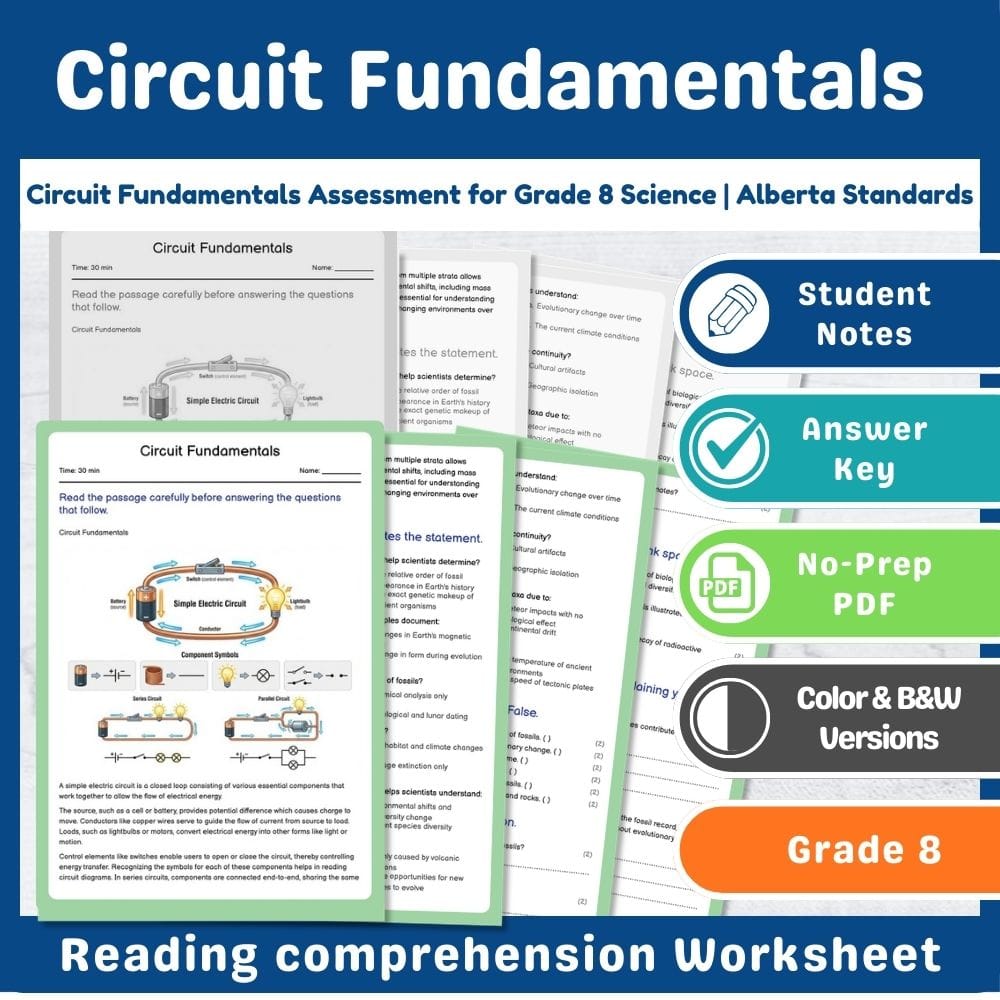 Grade 8 Science assessment worksheet — Circuit Fundamentals Assessment for Grade 8 Science | Alberta Standards — page 1