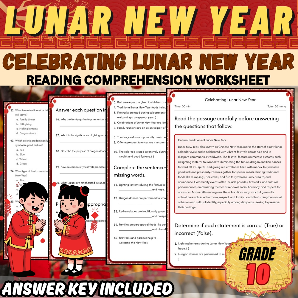 Grade 10 Holiday |Lunar New Year Cultural & Artistic Celebrations Worksheet Pack — included worksheet 2