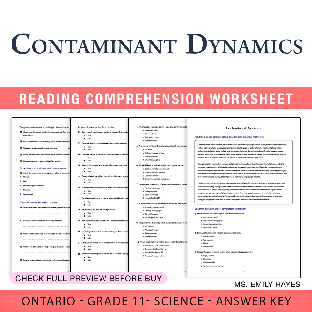 Grade 11 Science worksheet worksheet — Grade 11 Science | Contaminant Dynamics Worksheet (PDF + Answer Key) — page 1