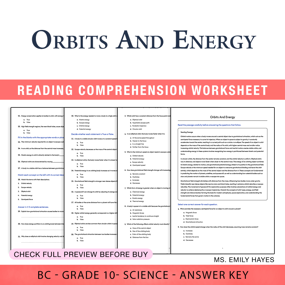 Grade 10 Science worksheet worksheet — Grade 10 Science | Orbits and Energy Worksheet (PDF + Answer Key) — page 1