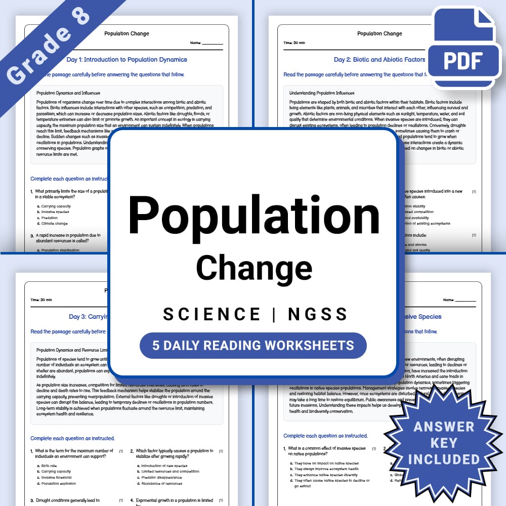 Grade 8 Science daily reading worksheet worksheet — Grade 8 Science – Population Change Daily Worksheet(PDF + Answer Key)…