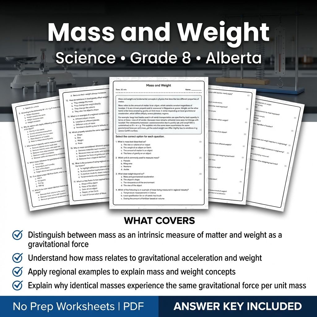Mass and Weight Worksheet for Grade 8 Science | Alberta Standards Practice