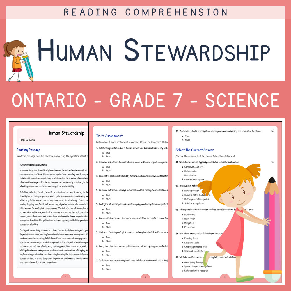 Grade 7 Science worksheet worksheet — Grade 7 Science | Human Stewardship Worksheet (Answer Key) - Ontario Standards — page 1