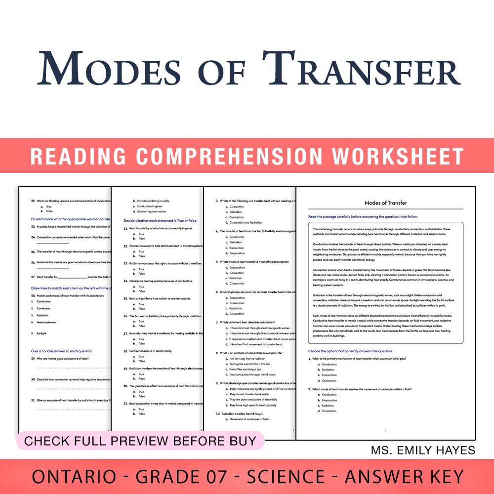 Grade 7 Science worksheet worksheet — 7th Grade Science | Modes of Transfer Worksheet (PDF+ Answer Key) — page 1