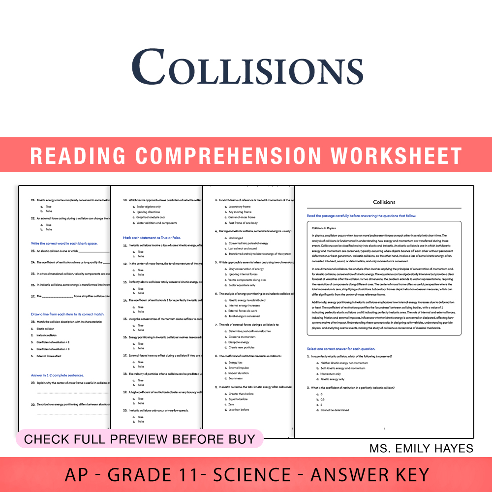 Grade 11 Science worksheet worksheet — 11th Grade Science | Collisions Worksheet (PDF+ Answer Key) — page 1