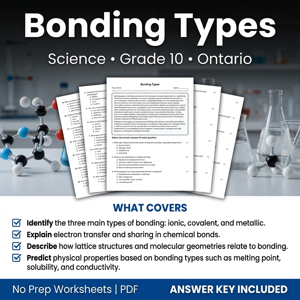 Bonding Types Worksheet for Grade 10 Science | Ontario Standards