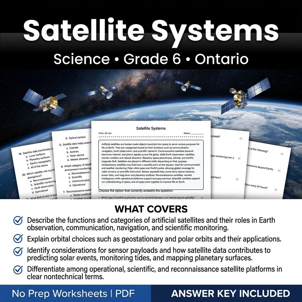Grade 6 Science Worksheet on Satellite Systems | Ontario Standards