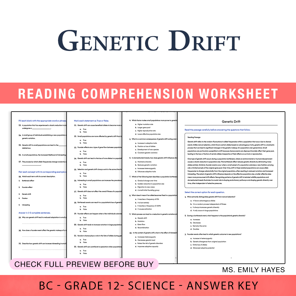 Grade 12 Science worksheet worksheet — Grade 12 Science | Genetic Drift Worksheet (PDF + Answer Key) — page 1