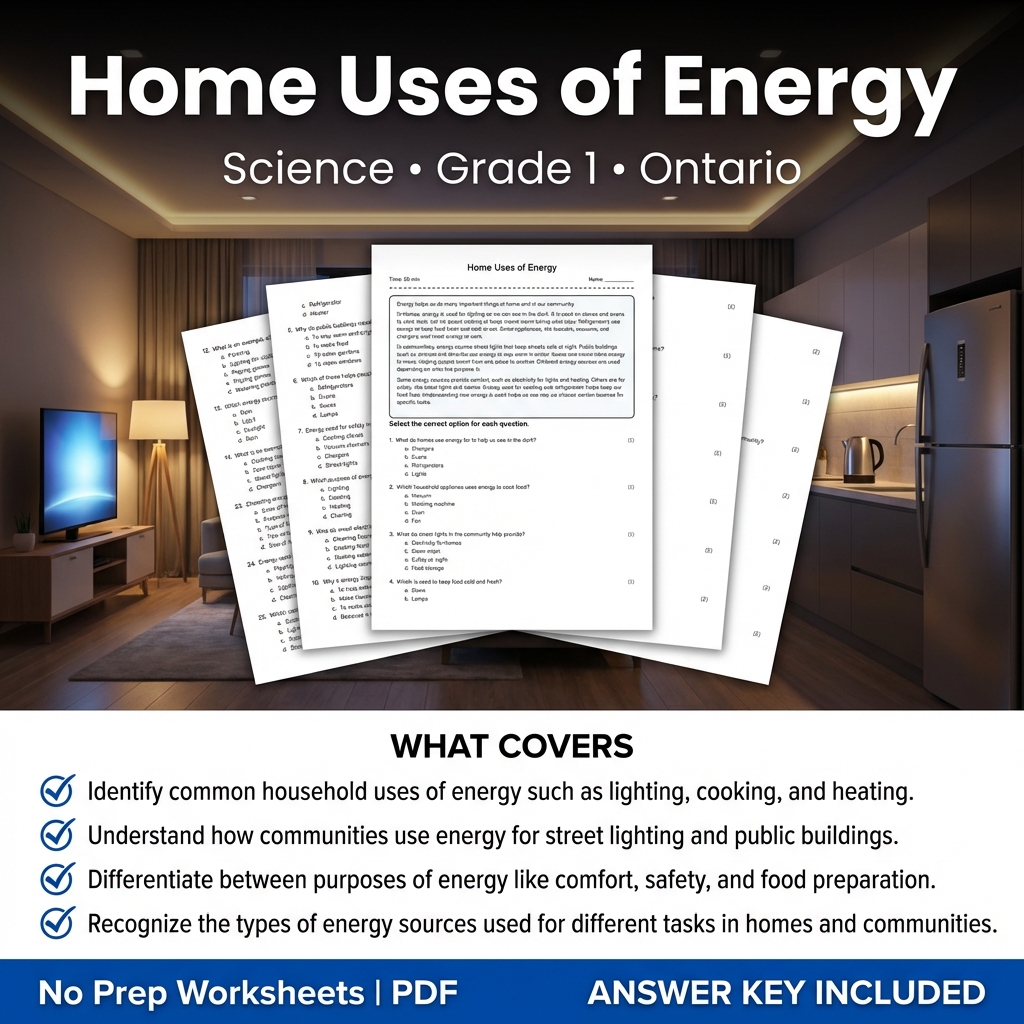 Home Uses of Energy Grade 1 Science Worksheet | Ontario Standard