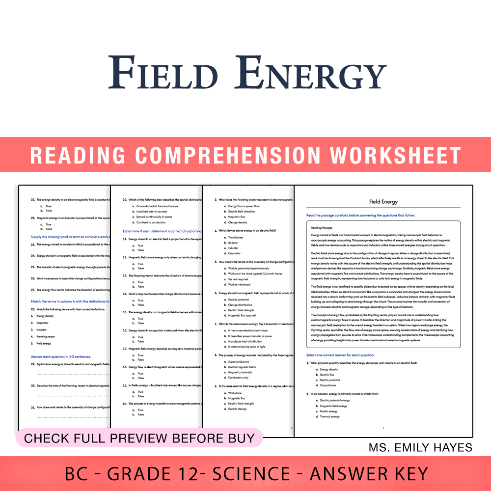 Grade 12 Science worksheet worksheet — Grade 12 Science | Field Energy Worksheet (PDF+ Answer Key) — page 1