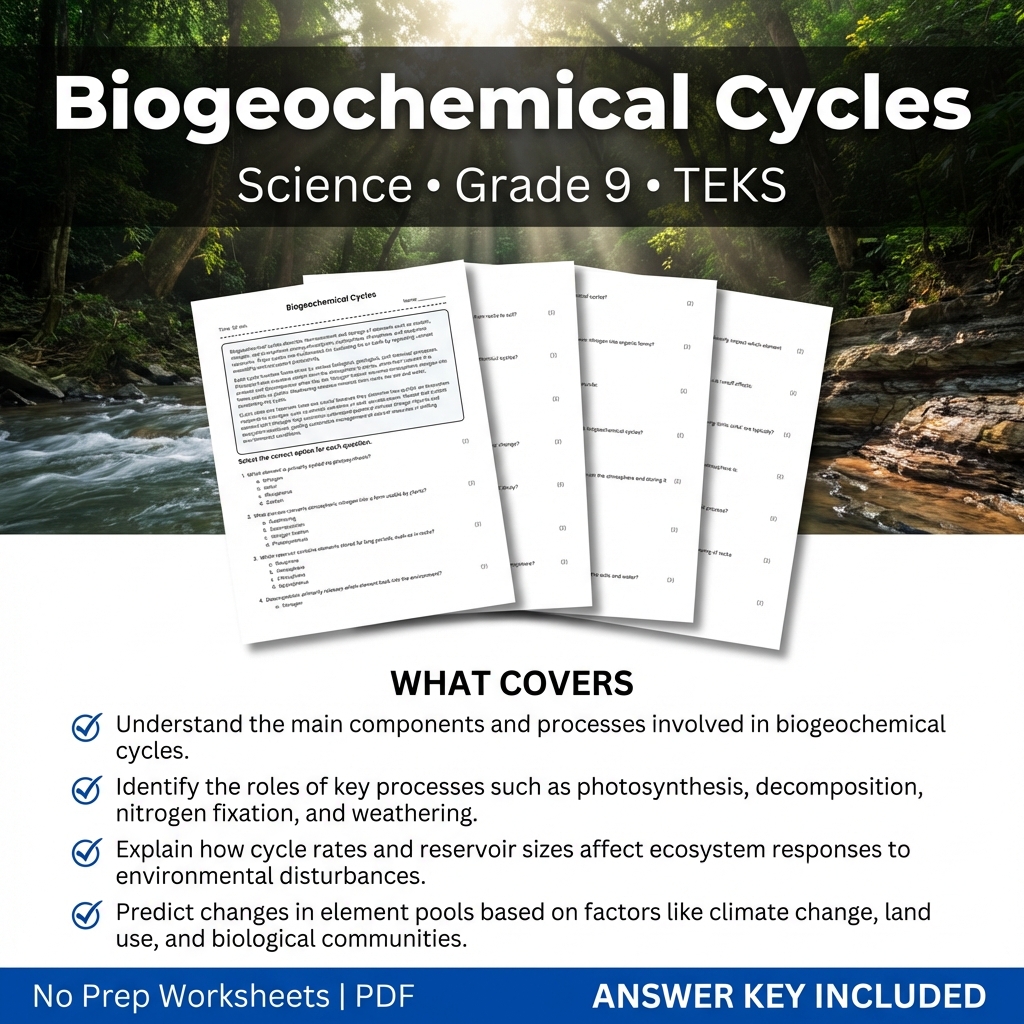 Biogeochemical Cycles Worksheet for Grade 9 Science TEKS aligned