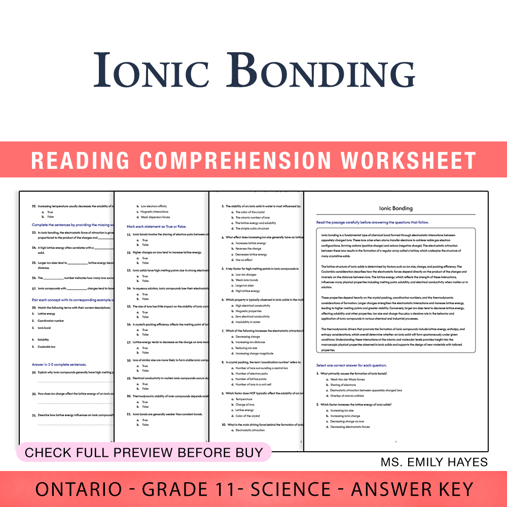 Grade 11 Science worksheet worksheet — Grade 11 Science | Ionic Bonding Worksheet (PDF + Answer Key) — page 1