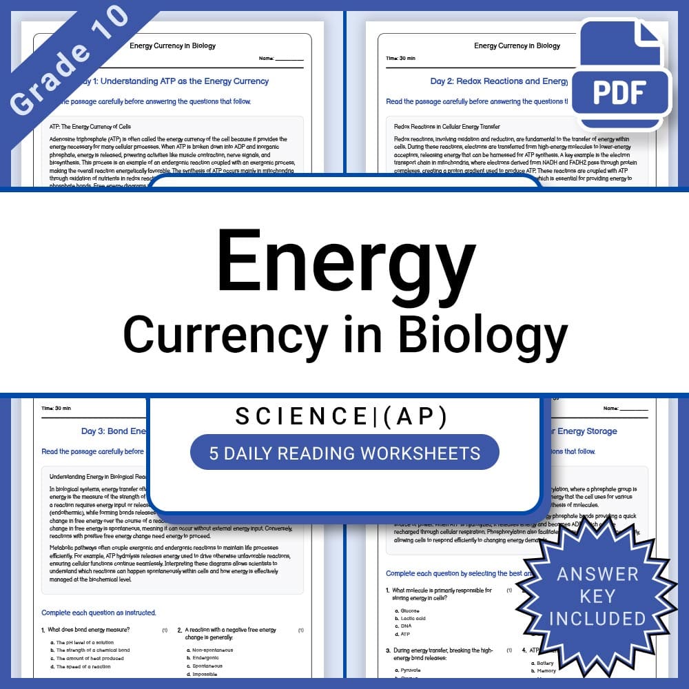 Grade 10 Science – Energy Currency Biology Daily  Worksheet with Answer Key