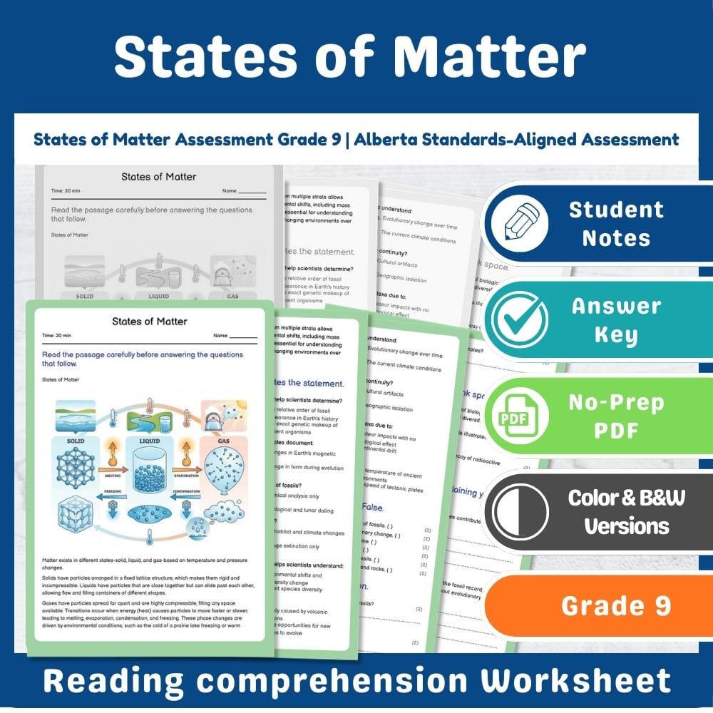 Grade 9 Science assessment worksheet — States of Matter Assessment Grade 9 | Alberta Standards-Aligned Assessment — page 1