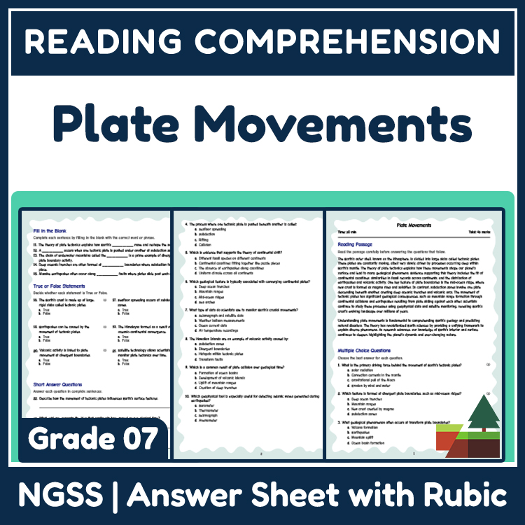 Science reading worksheets worksheet — 7th Grade Science | Plate Movements Reading Worksheet  (Answer Key) — page 1