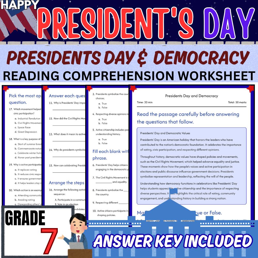Grade 7 Seasonal Unit | Presidents Day Worksheets Pack (Answer Key Included) — included worksheet 4