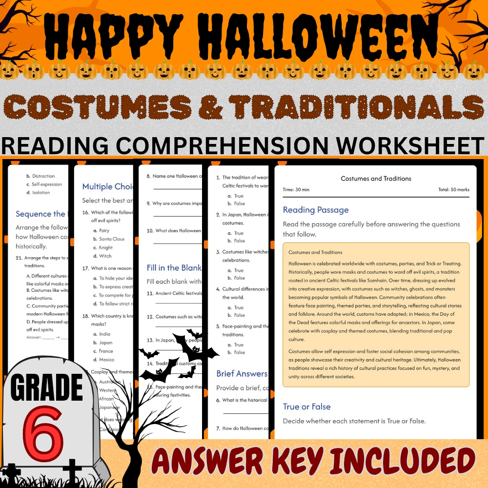 Grade 6 Seasonal Worksheets Bundle | Halloween DayLesson Pack (PDF + Answer Key) — included worksheet 3
