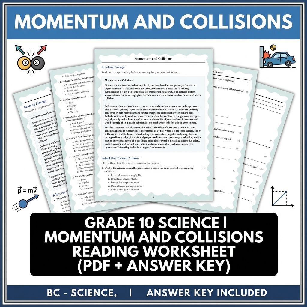 Grade 10 Science | Momentum and Collisions Reading Worksheet (PDF + Answer Key)