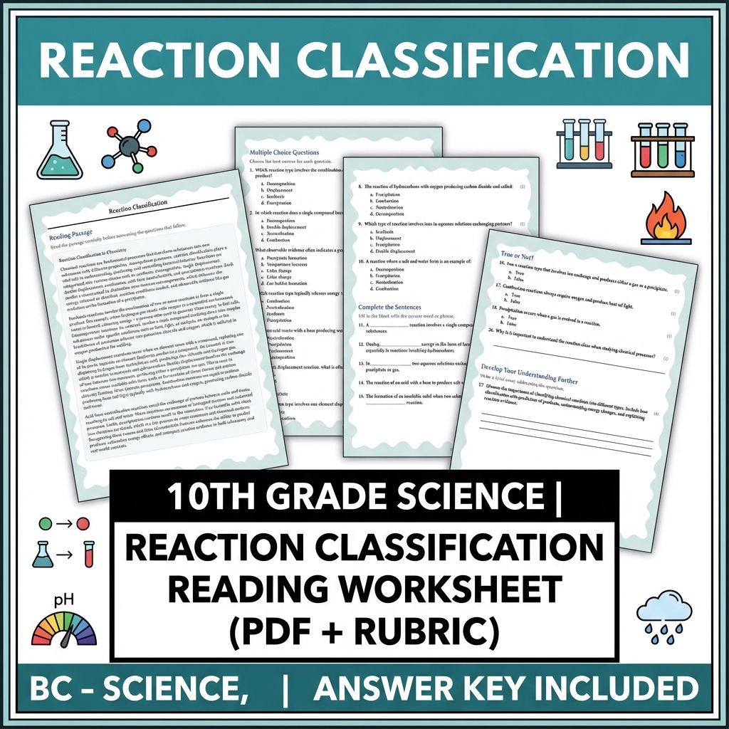 10th Grade Science | Reaction Classification Reading Worksheet (PDF + Rubric)