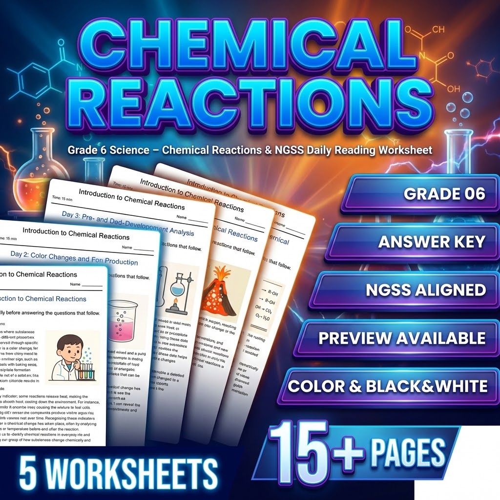 Grade 6 Science daily reading worksheet — Grade 6 Science – Chemical Reactions & NGSS Daily Reading Worksheet