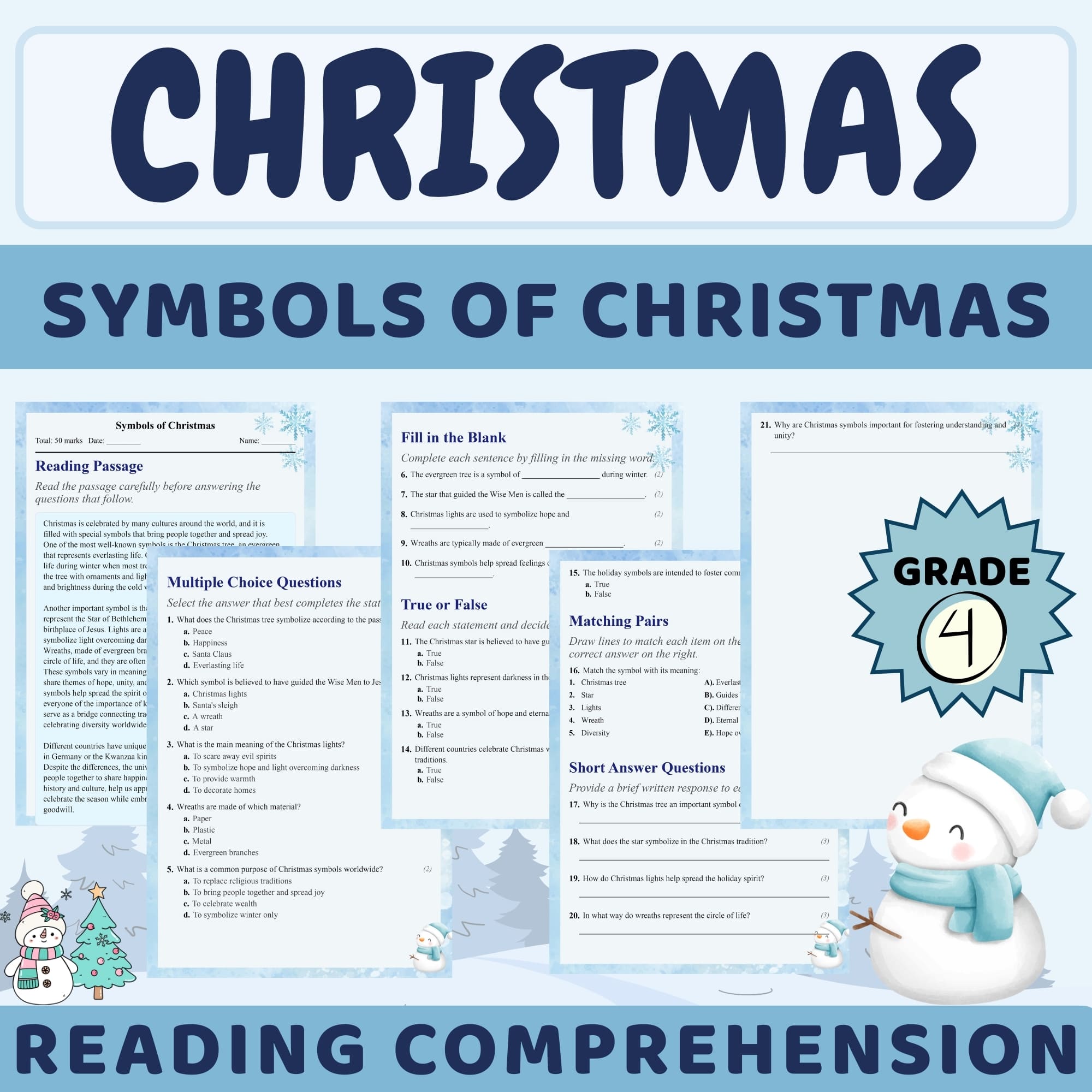Grade 4 Seasonal Symbols of Christmas Worksheet