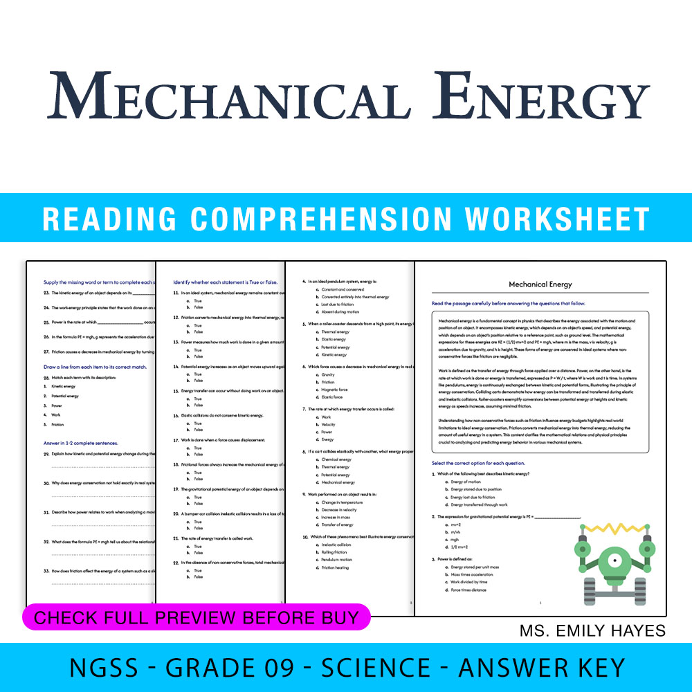 Grade 9 Science worksheet worksheet — 9th Grade Science | Mechanical Energy Worksheet (PDF + Answer Key) — page 1
