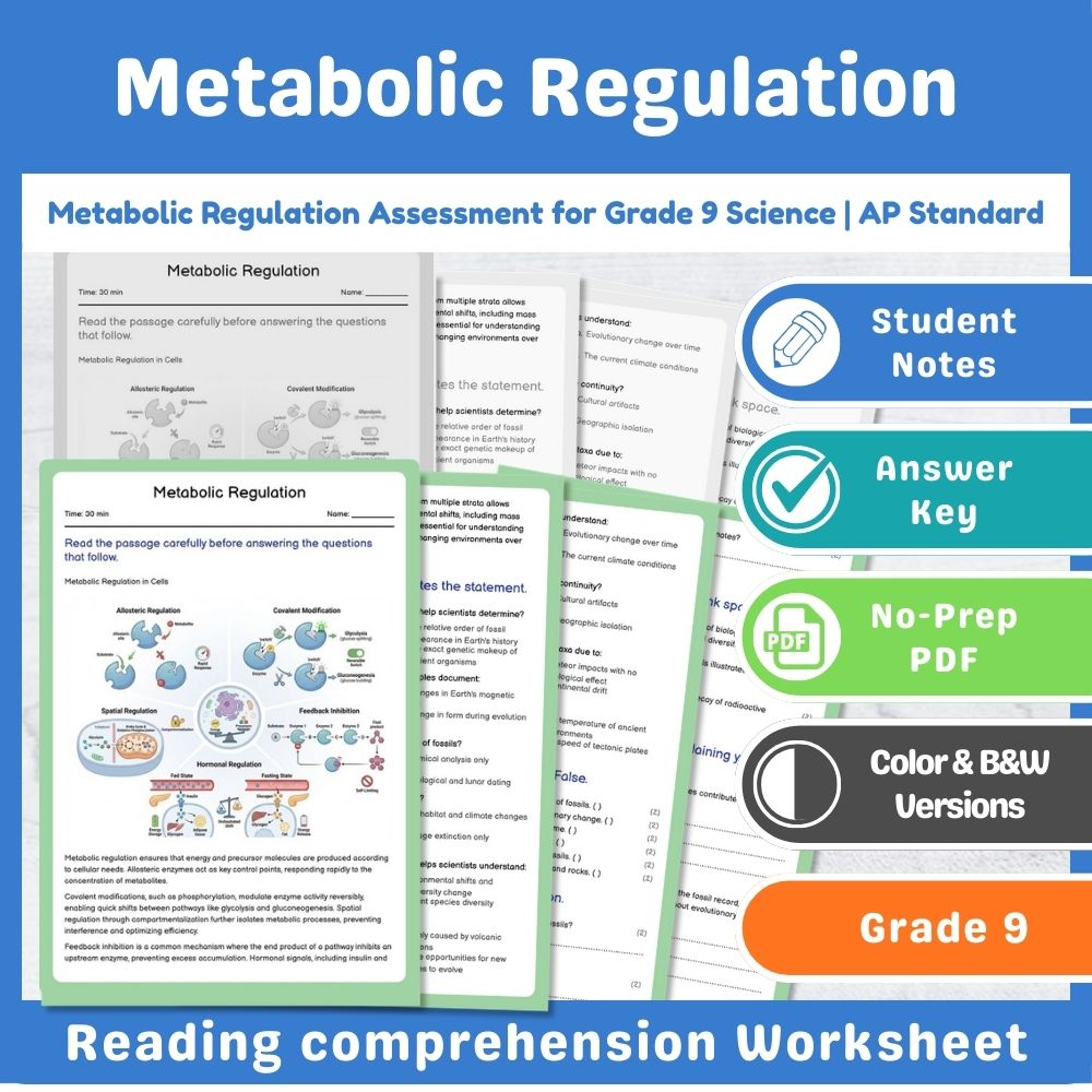 Grade 9 Science assessment worksheet — Metabolic Regulation Assessment for Grade 9 Science | AP Standard — page 1