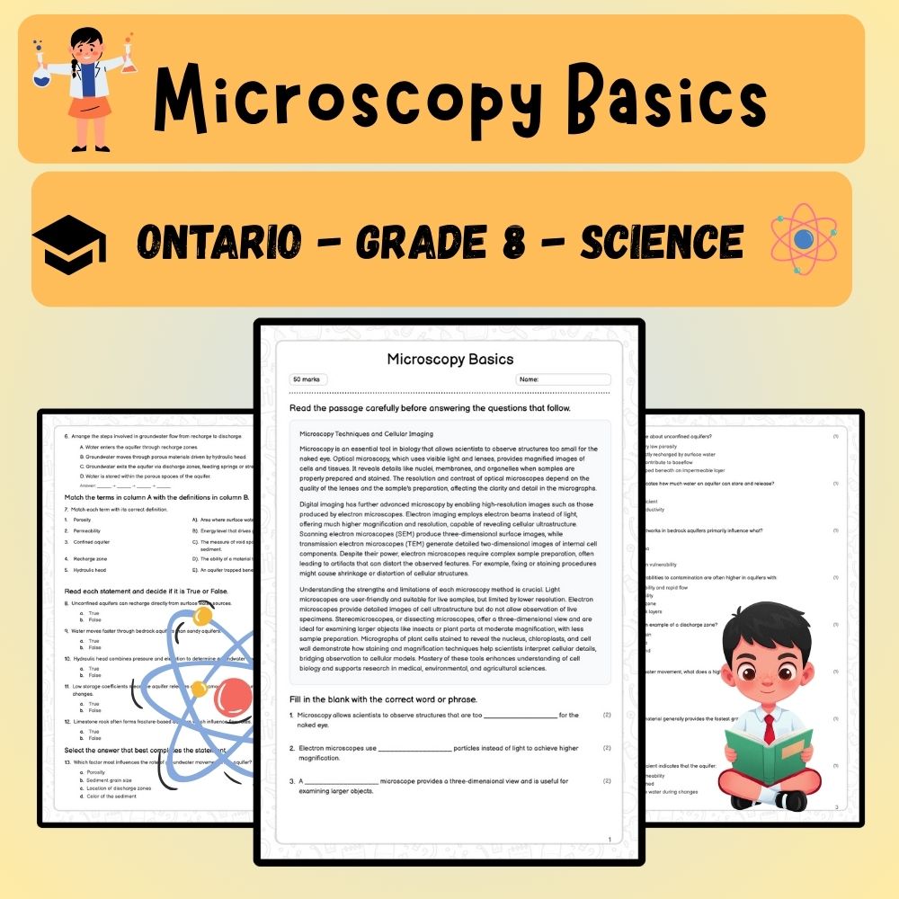 Grade 8 Science worksheet worksheet — Grade 8 Science – Microscopy Basics Worksheet (PDF ) for Ontario Standards — page 1