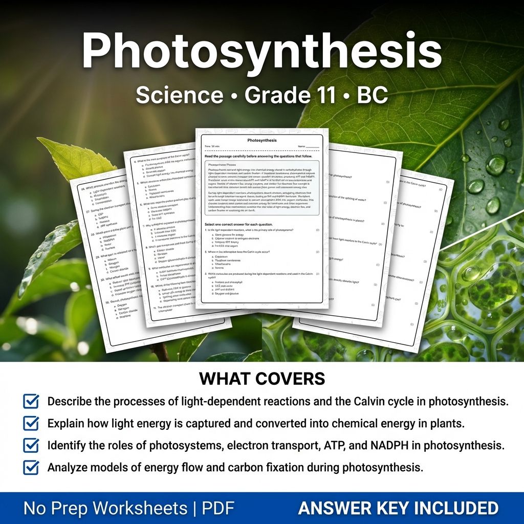 Grade 11 Science | Photosynthesis Worksheet & PDF Answer Key (Printable)