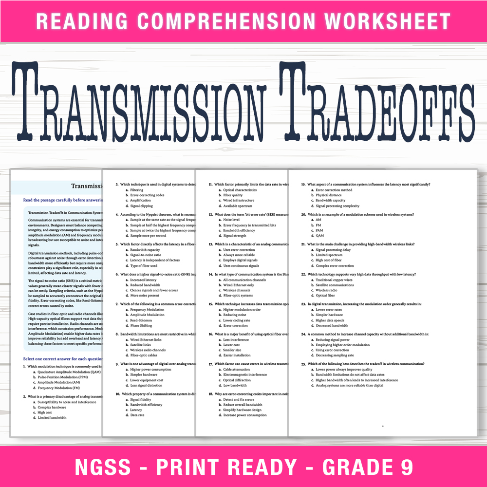 Grade 9 Science worksheet worksheet — Grade 9 Science | Transmission Tradeoffs Worksheet (PDF + Answer Key) — page 1