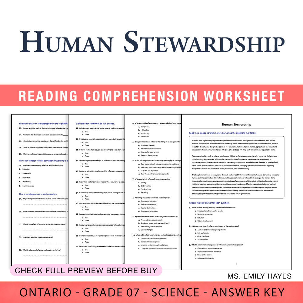 Grade 7 Science worksheet worksheet — 7th Grade Science | Human Stewardship Worksheet (PDF+ Answer Key) — page 1