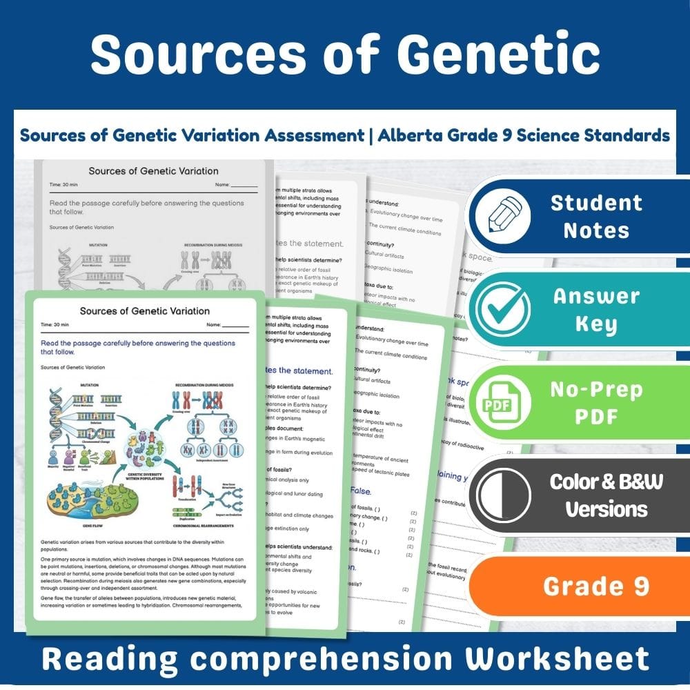 Grade 9 Science assessment worksheet — Sources of Genetic Variation Assessment | Alberta Grade 9 Science Standards — page 1