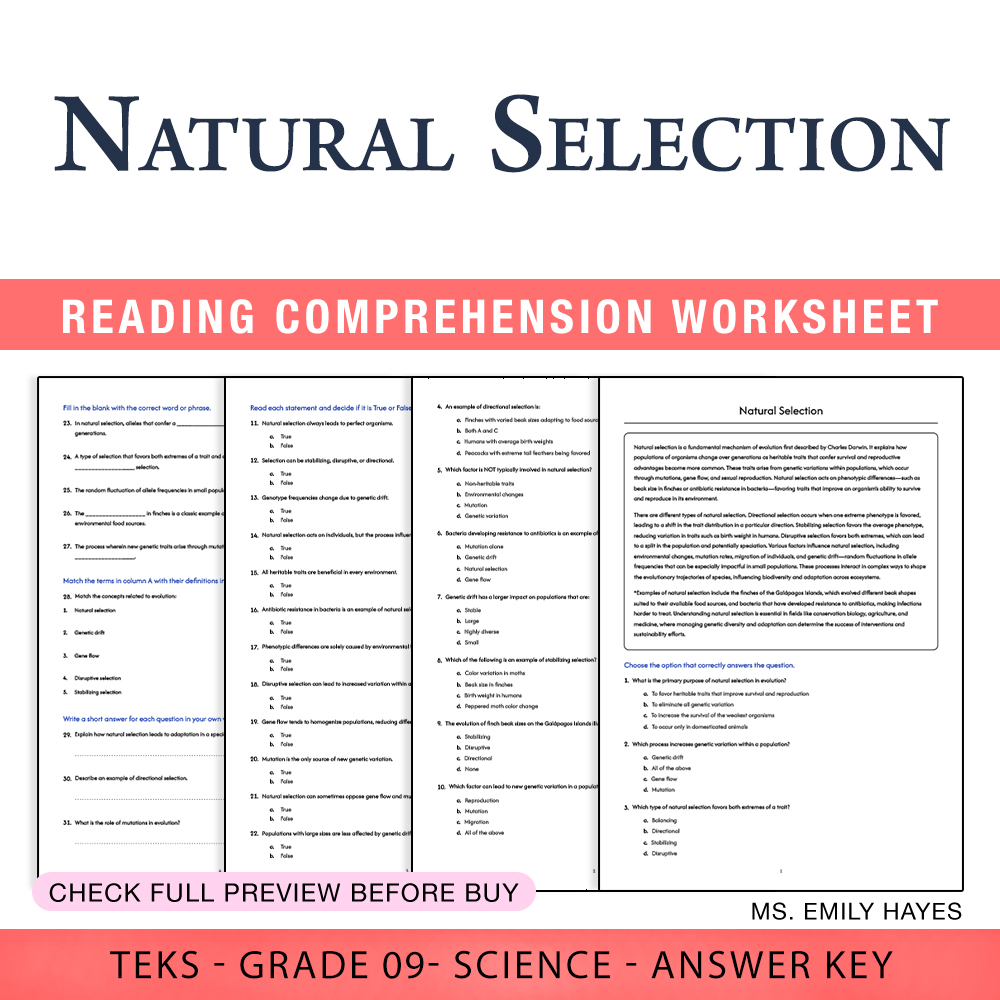 Grade 9 Science worksheet worksheet — Grade 9 Science | Natural Selection Worksheet (PDF+ Answer Key) — page 1