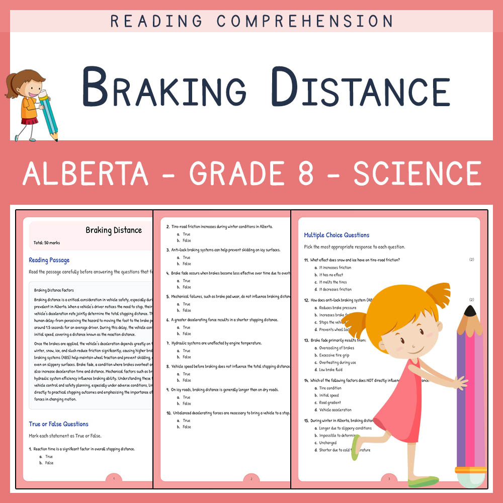 Grade 8 Science worksheet elena worksheet — Grade 8 Science | Braking Distance Worksheet Elena | Alberta Standard — page 1