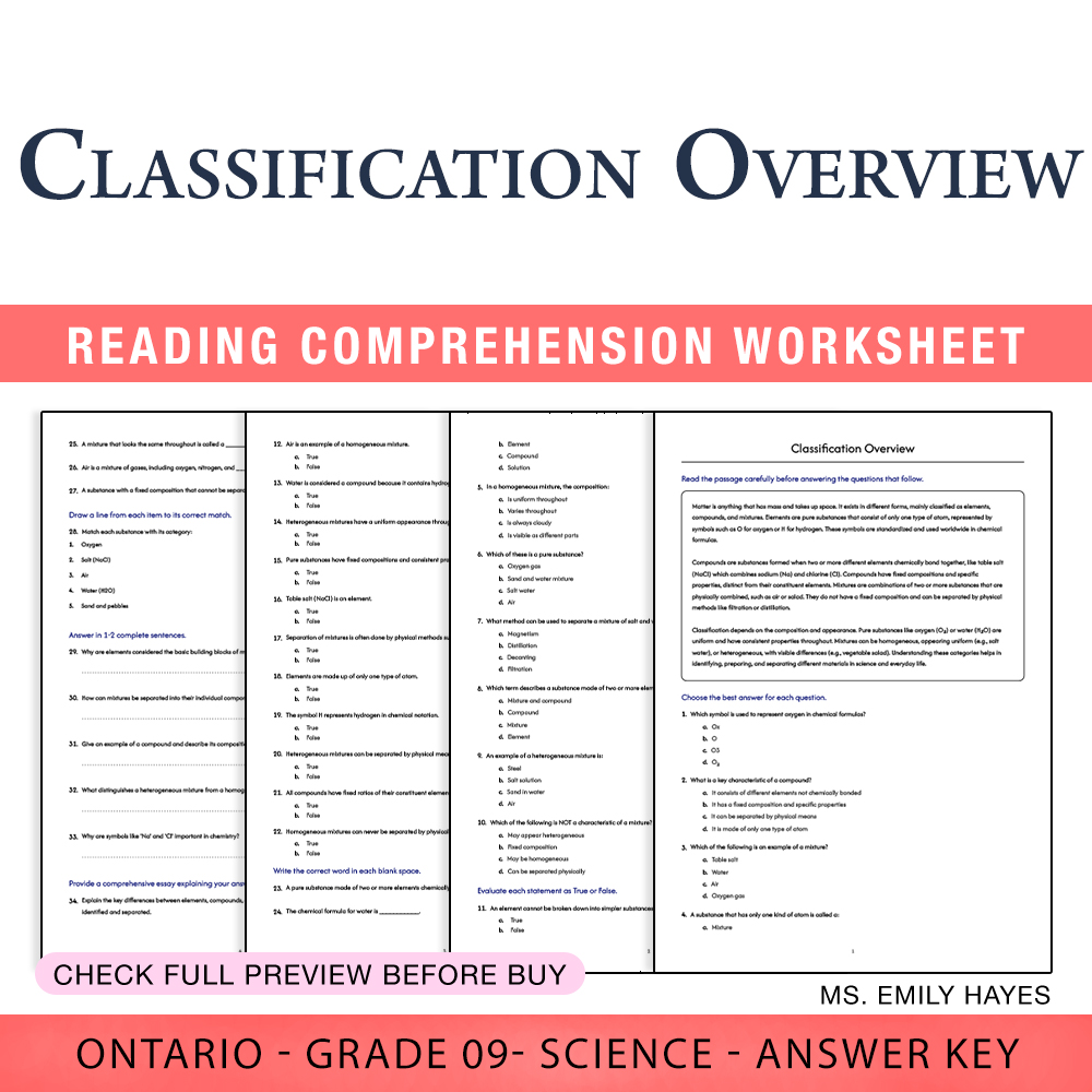 Grade 9 Science worksheet — Grade 9 Science | Classification Overview Worksheet (PDF + Answer Key) — page 1