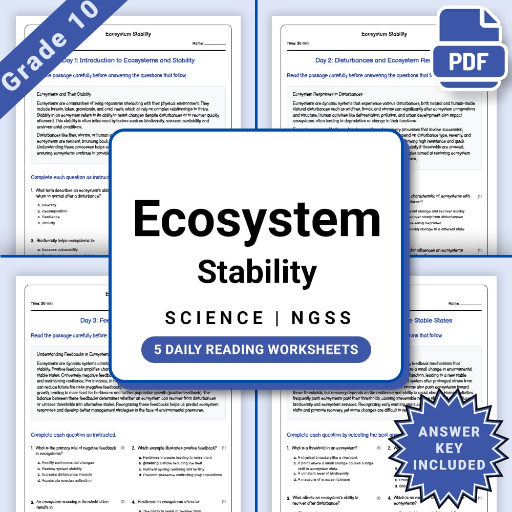 Grade 10 Science daily reading worksheet worksheet — Grade 10 Science Ecosystem Stability Worksheet (PDF +Answer Key) — pa…