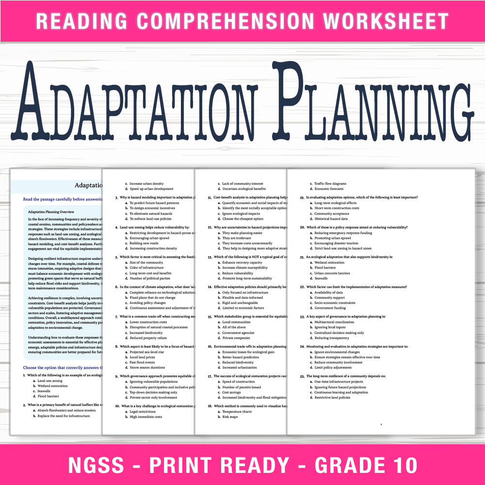 Grade 10 Science worksheet worksheet — Grade 10 Science – Adaptation Planning Worksheet (PDF + Answer Key) — page 1