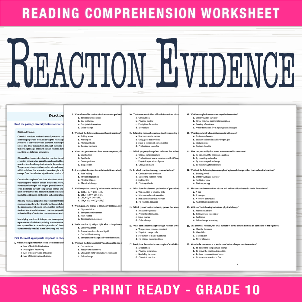 Grade 10 Science worksheet worksheet — Grade 10 Science | Reaction Evidence Worksheet (PDF + Answer Key) — page 1
